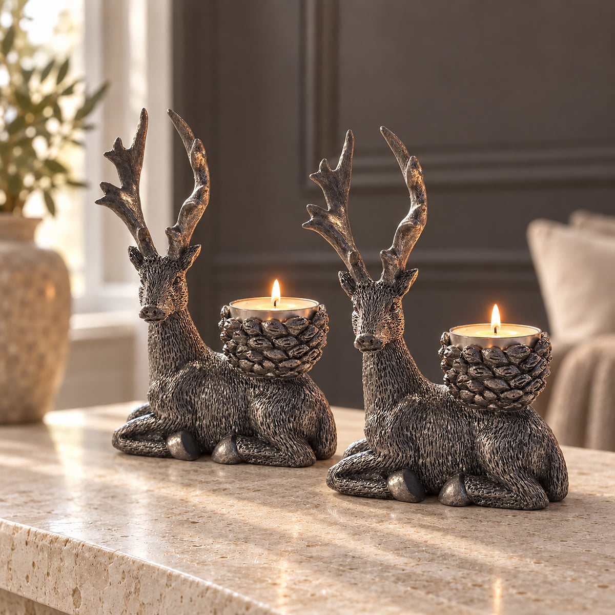 Antique Silver Stag Tealight Holders – Set of 2