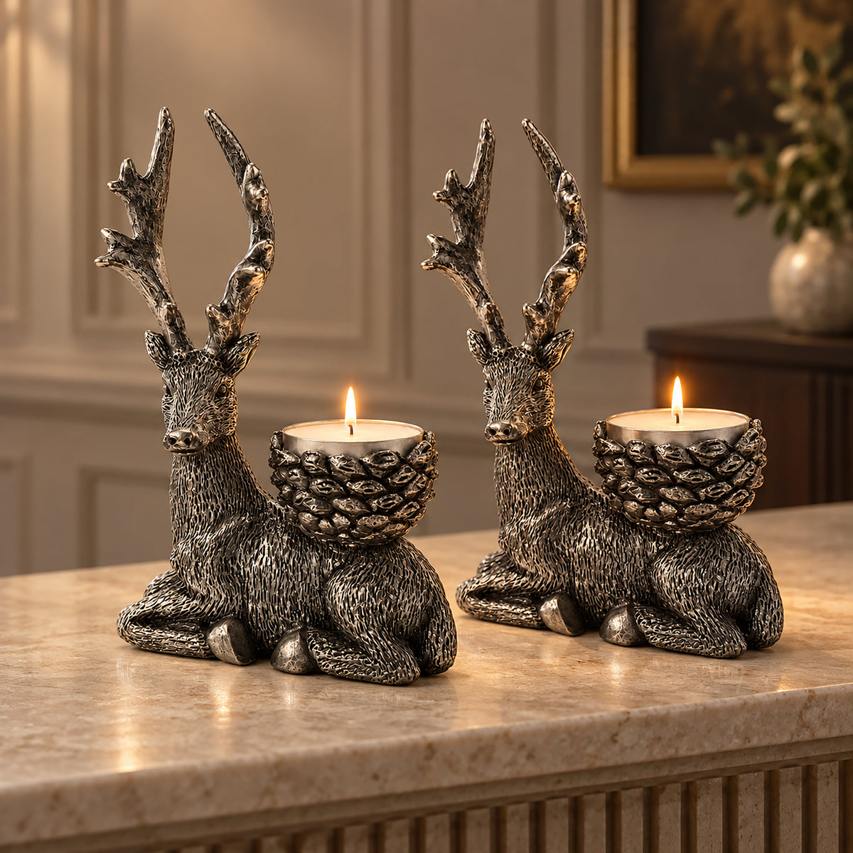 Antique Silver Stag Tealight Holders – Set of 2