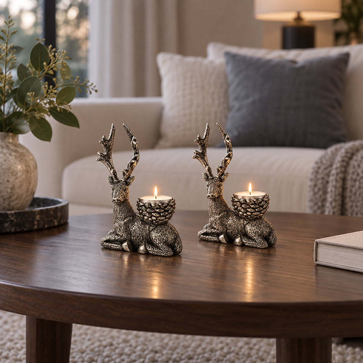 Antique Silver Stag Tealight Holders – Set of 2