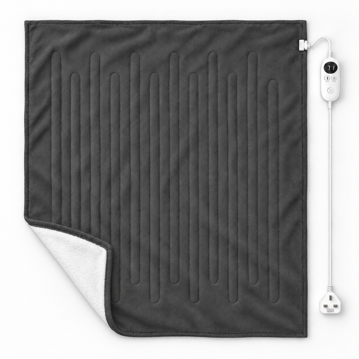 Large Grey Heated Flannel & Sherpa Fleece Throw Blanket