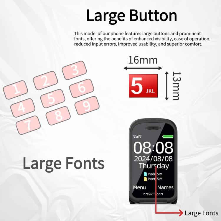 Mafam F899 Flip Phone, 2.4 inch, 32MB+32MB, Support FM, SOS, GSM, Family Number, Big Keys, Dual SIM, EU Plug, EU Plug