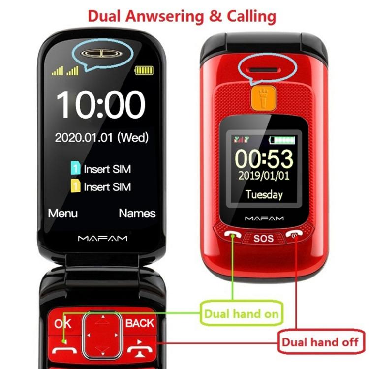 Mafam F899 Flip Phone, 2.4 inch, 32MB+32MB, Support FM, SOS, GSM, Family Number, Big Keys, Dual SIM, EU Plug, EU Plug
