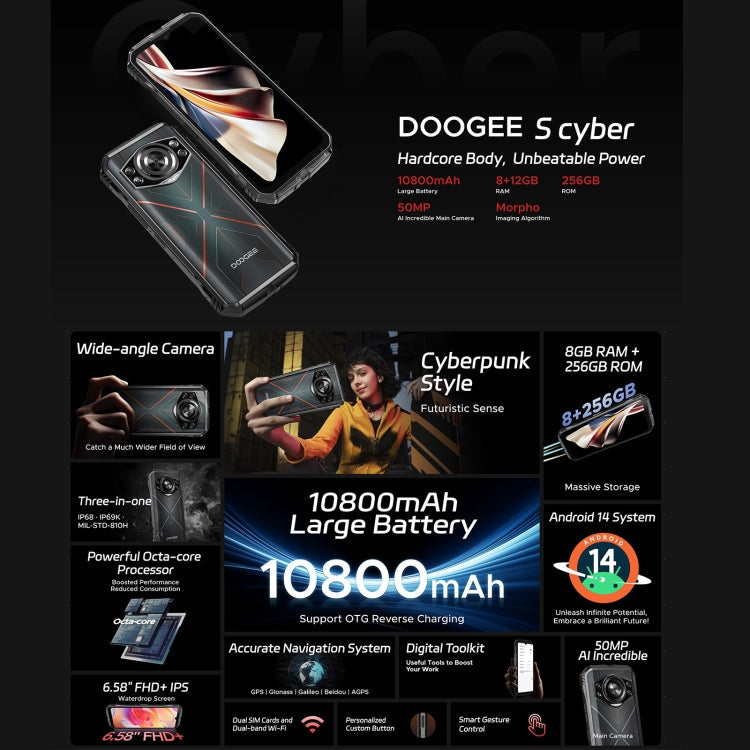 DOOGEE S Cyber, 8GB+256GB, 6.58 inch Android 14 Spreadtrum T606 Octa Core, Network: 4G, OTG, NFC (Black Silver)