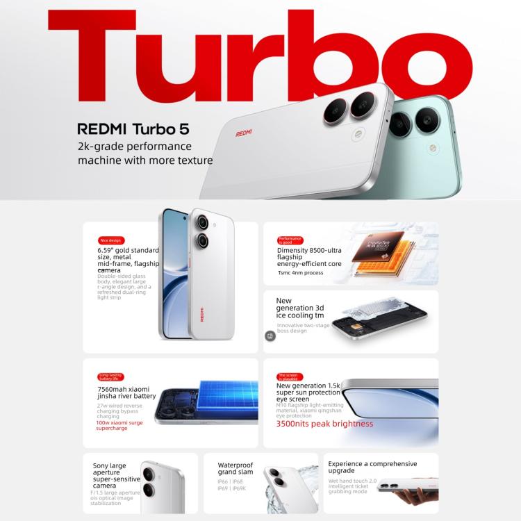 Xiaomi REDMI Turbo 5, 16GB+512GB, 6.59 inch Xiaomi HyperOS 3 Dimensity 8500-Ultra Octa Core, NFC, Network: 5G, 16GB+512GB