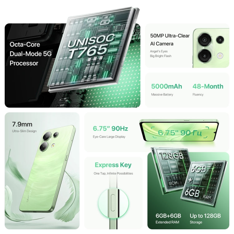 UMIDIGI G9 5G, 6GB+128GB, Side Fingerprint & Face ID Identification, 6.75 inch Android 14 UNISOC T765 Octa Core, Network: 5G (Galaxy White)