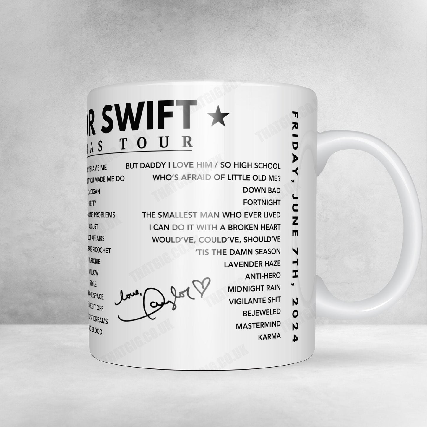Taylor Swift Setlist Mug - Scottish Gas Murrayfield Stadium, Edinburgh - June 7th, 2024