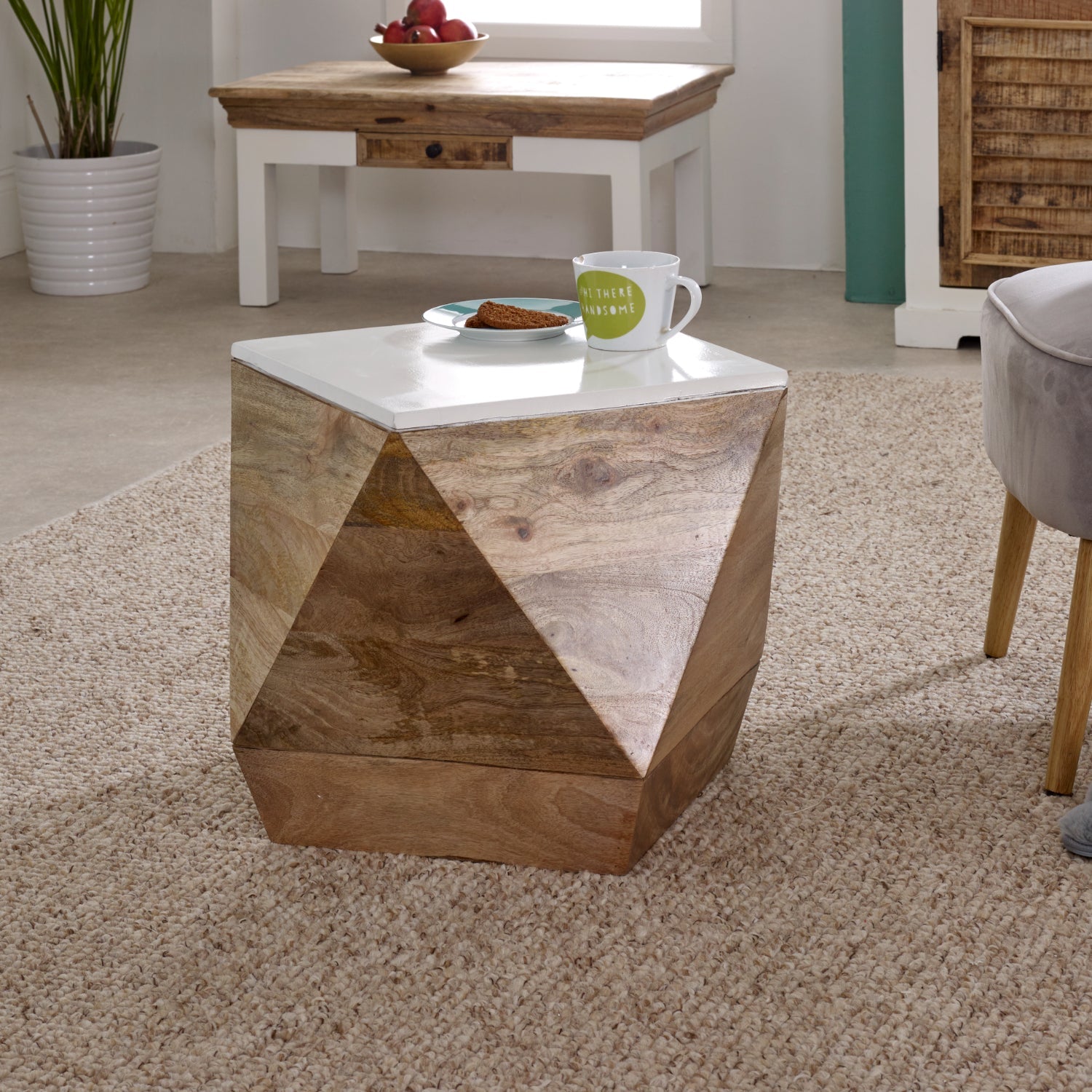 Bianco Solid Mango Wood White Side Table