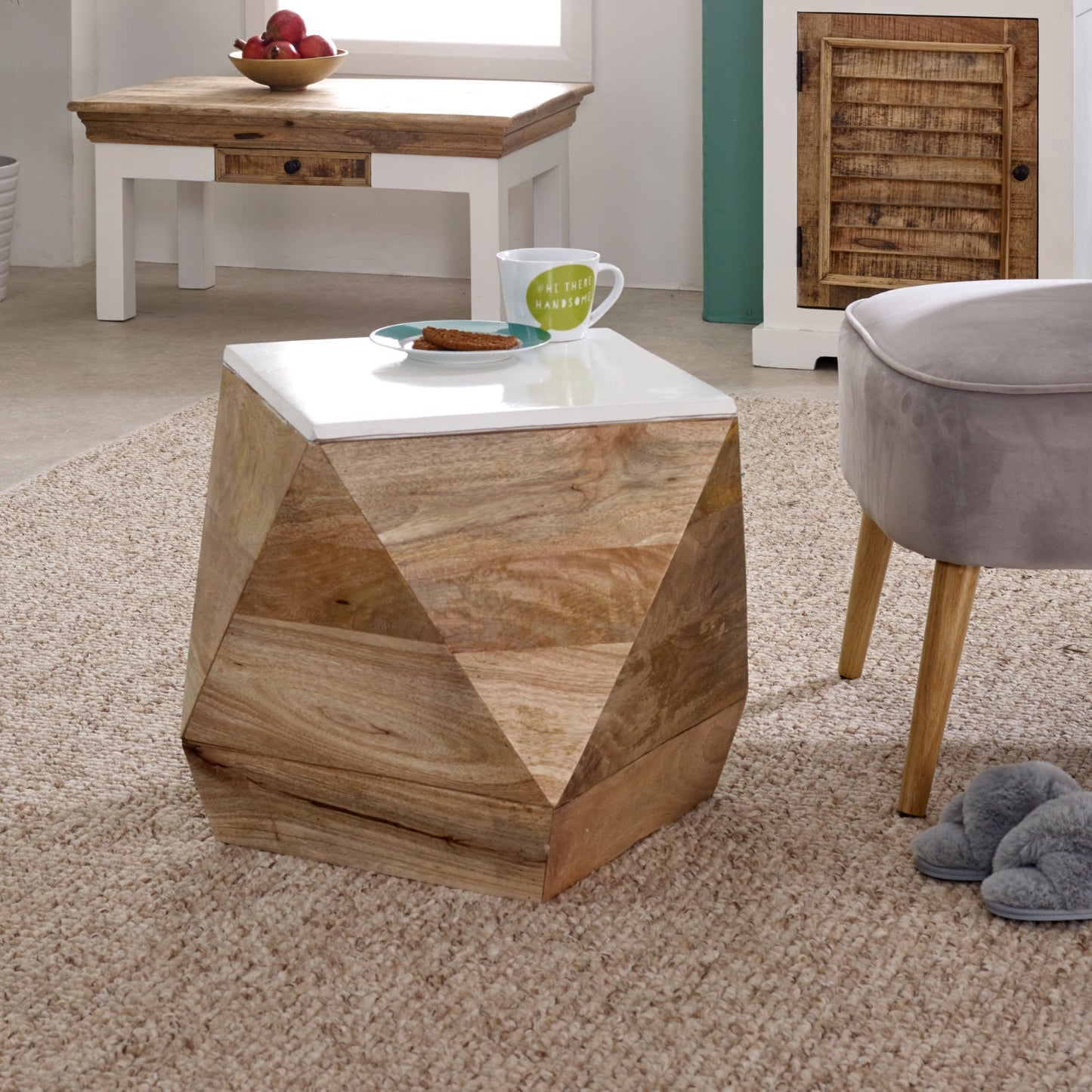 Bianco Solid Mango Wood White Side Table