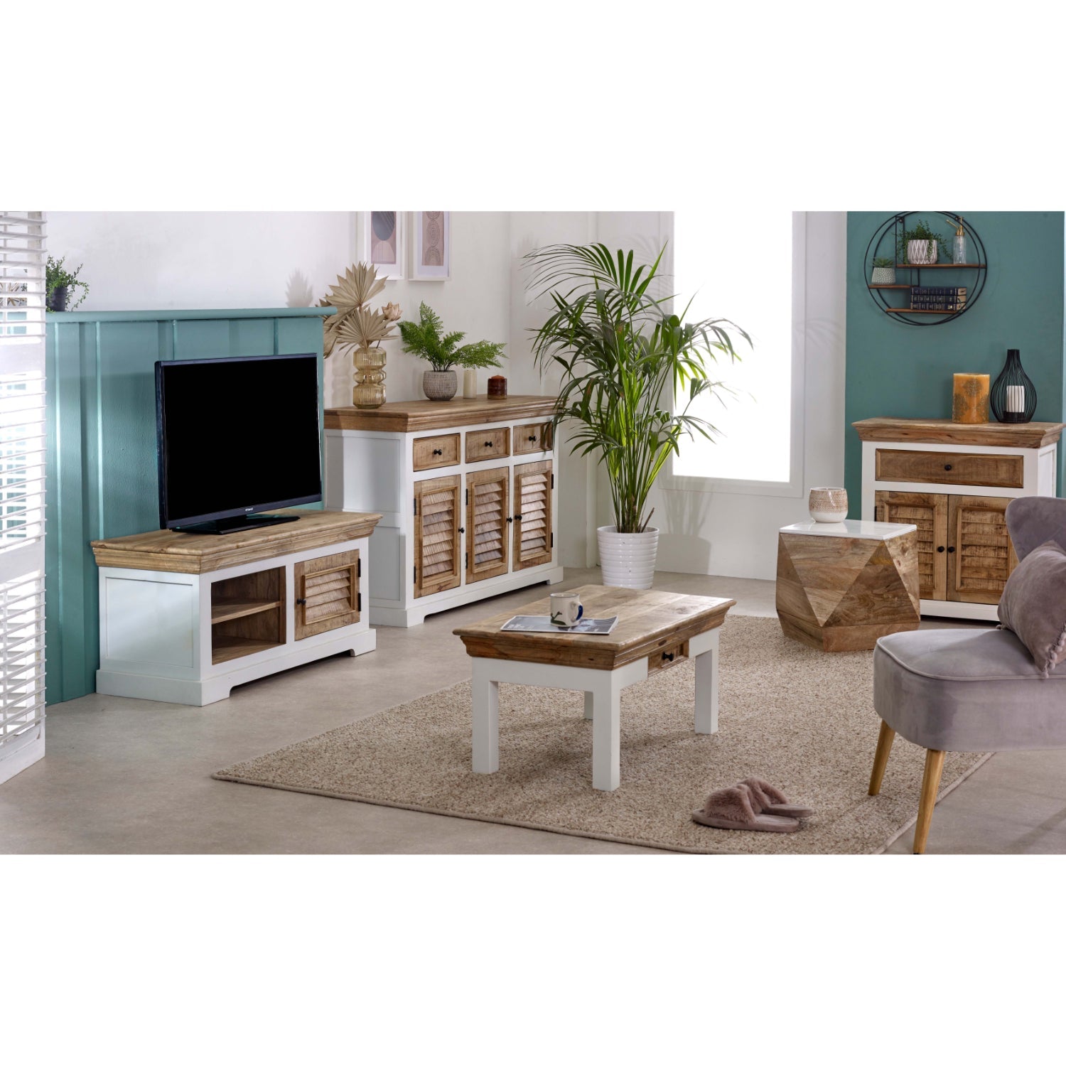 Bianco Solid Mango Wood White Coffee Table With Drawer