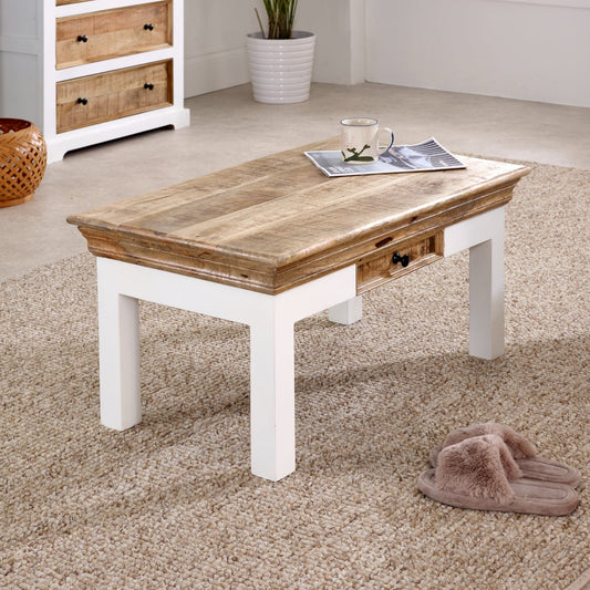Bianco Solid Mango Wood White Coffee Table With Drawer
