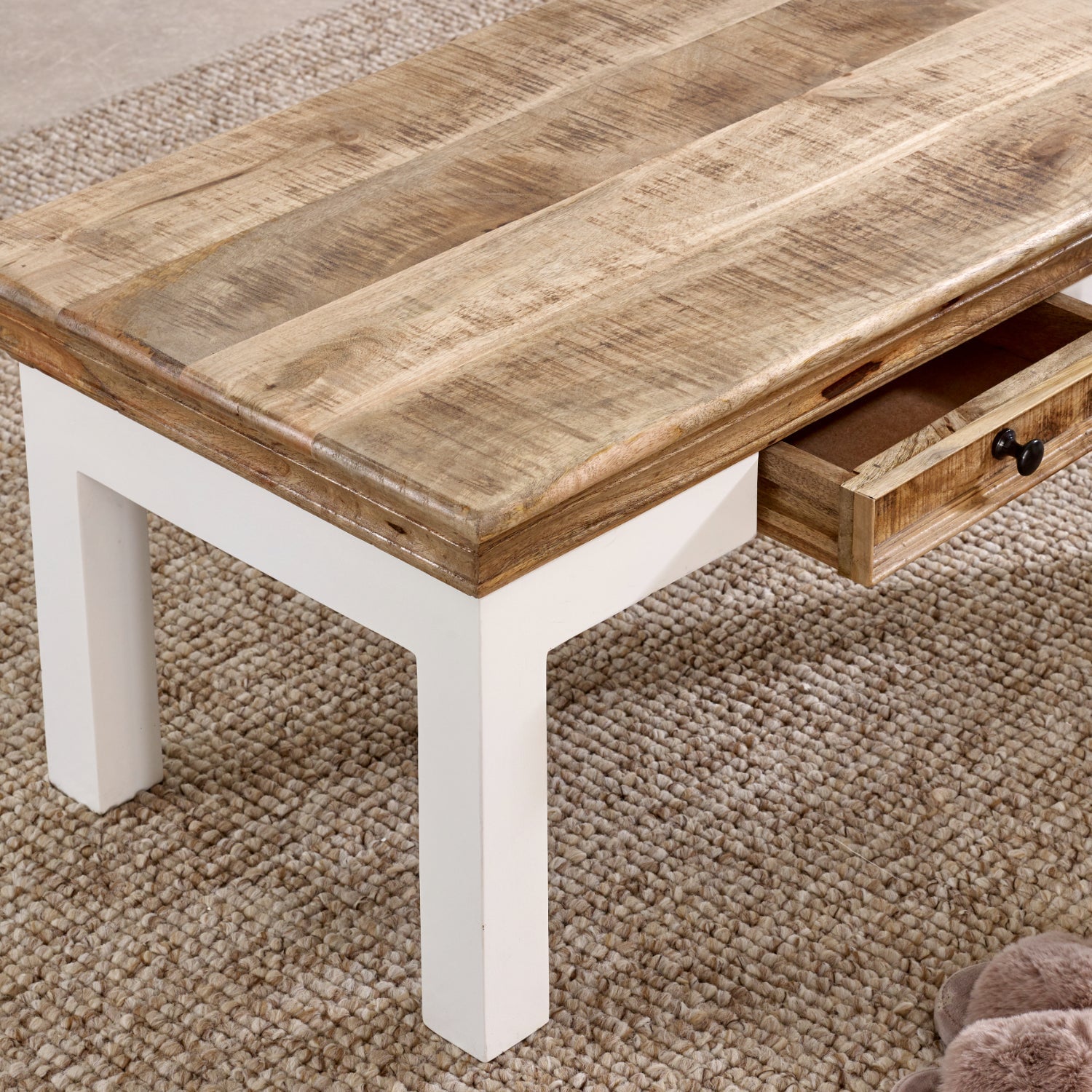 Bianco Solid Mango Wood White Coffee Table With Drawer
