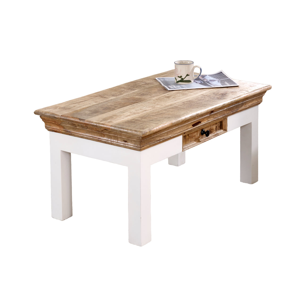 Bianco Solid Mango Wood White Coffee Table With Drawer