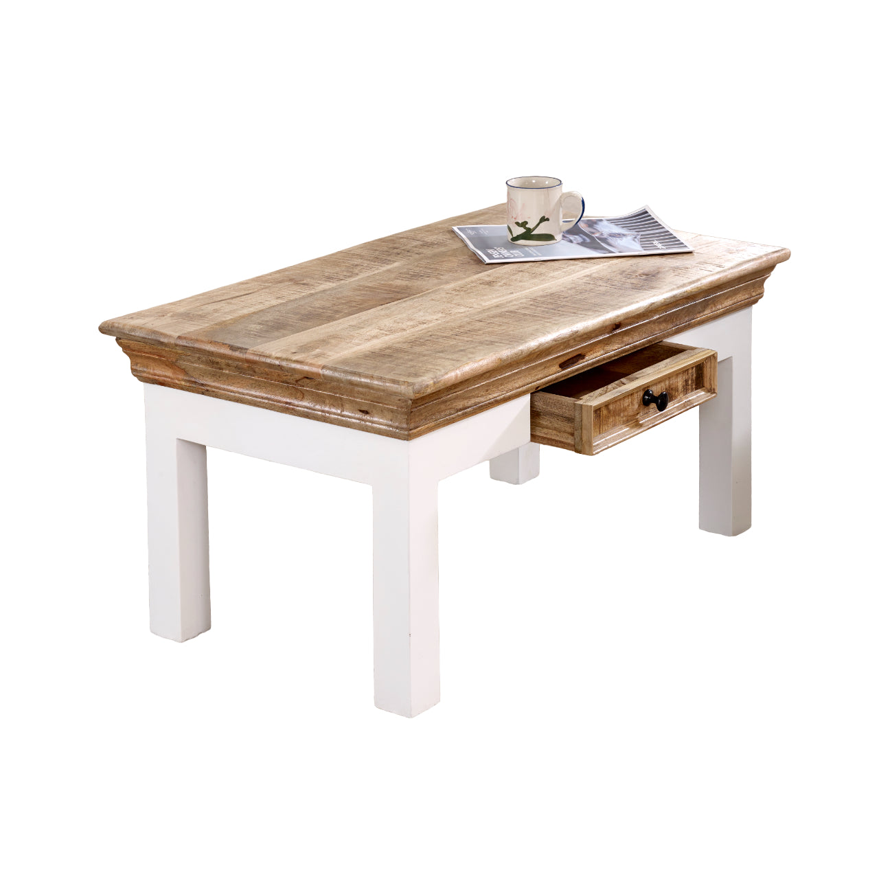 Bianco Solid Mango Wood White Coffee Table With Drawer