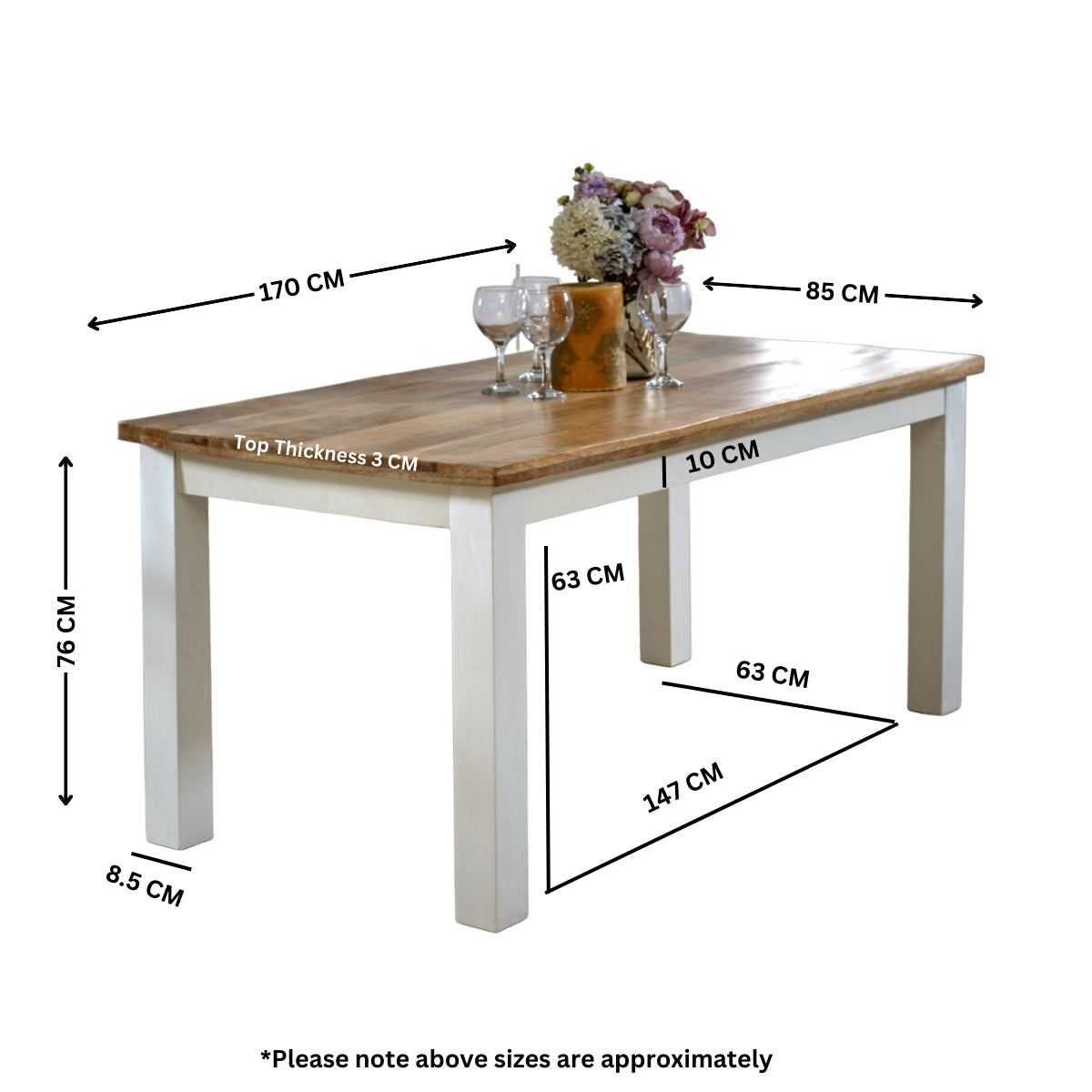 Bianco Solid Mango Wood White Dining Table 170Cm