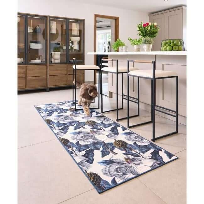 Eco-Washable Blue Rug Floral Design