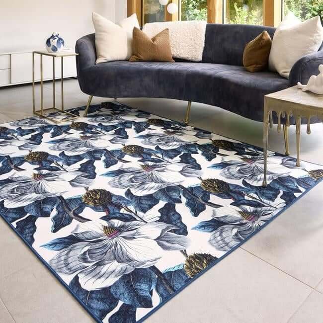 Eco-Washable Blue Rug Floral Design