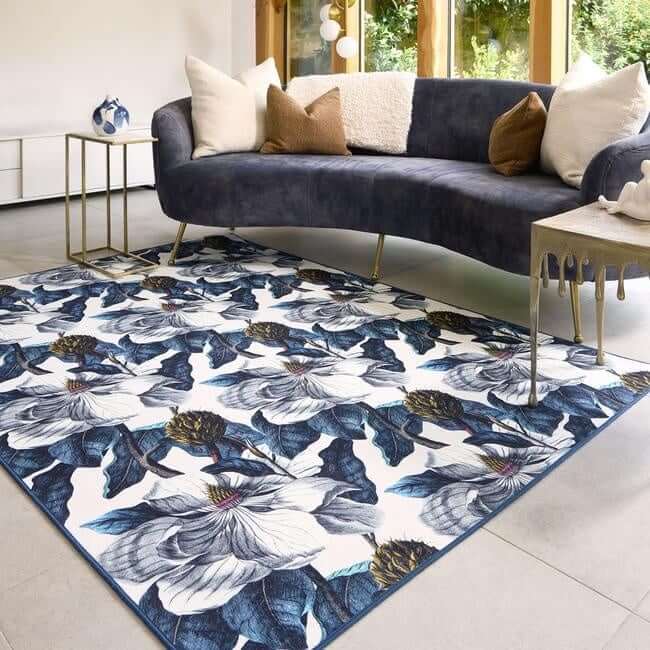Eco-Washable Blue Rug Floral Design