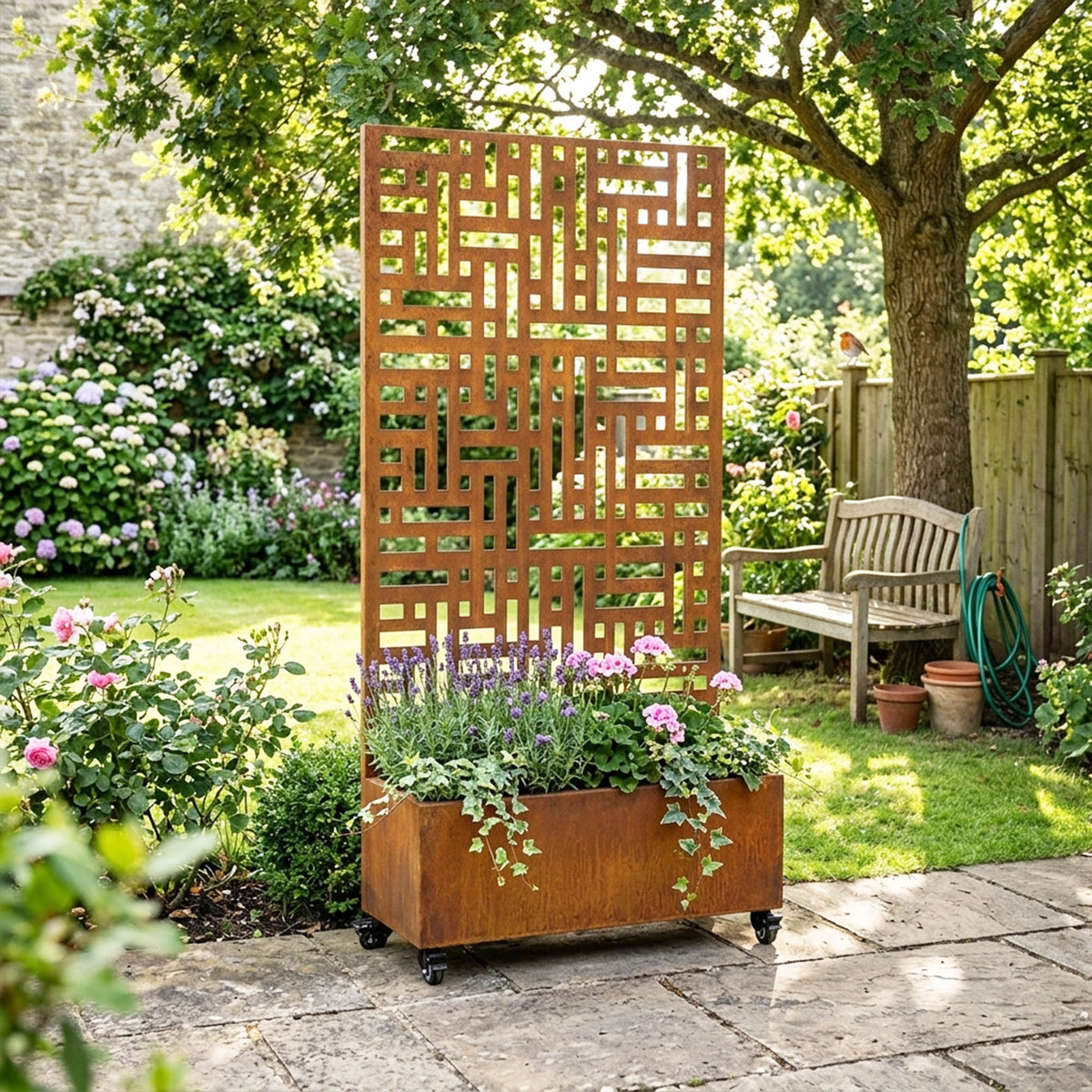 Metal Indoor/Outdoor Privacy Screen with Plant Pot - Maze
