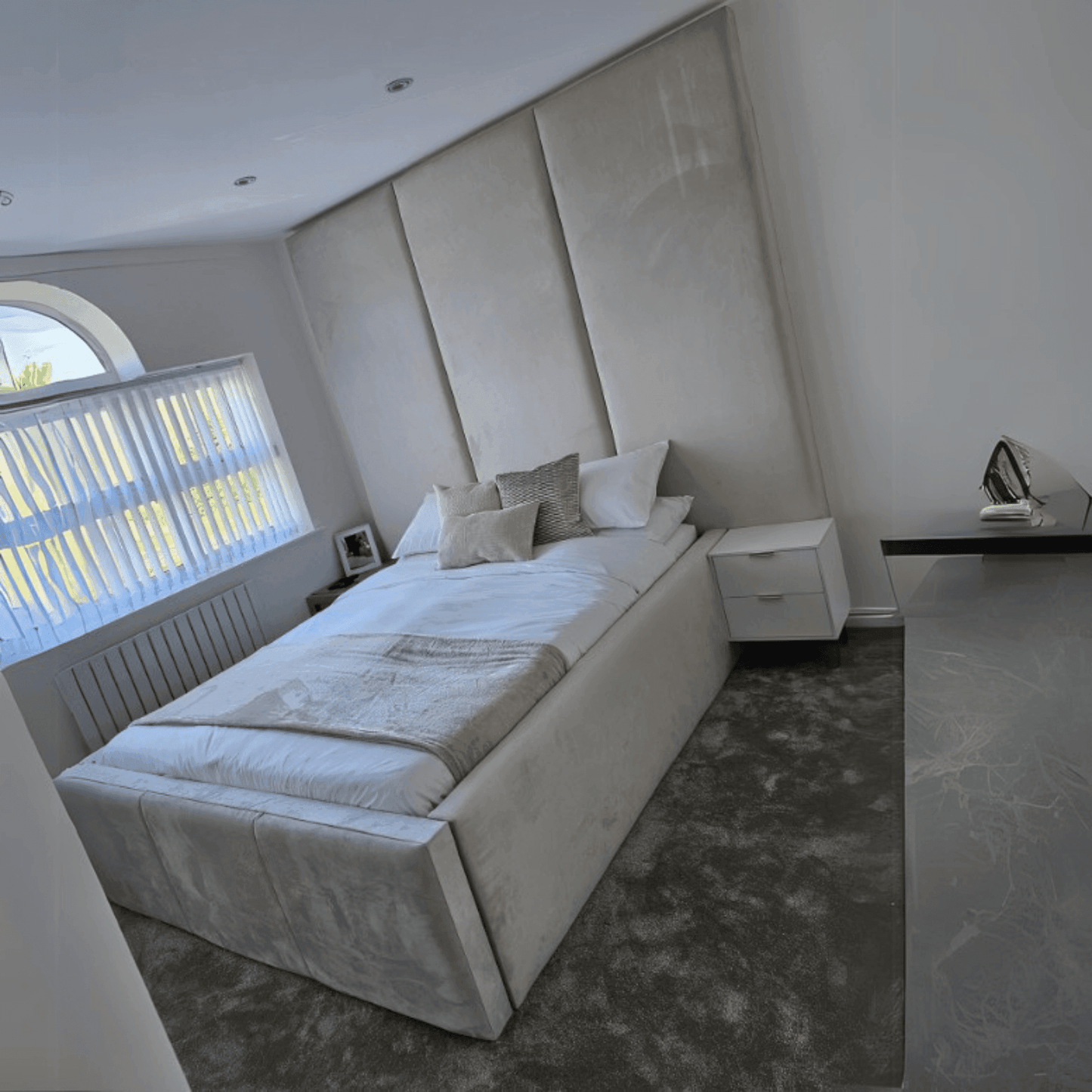 Bespoke Wall Panel Bed Frame with Luxurious Floor-to-Ceiling Headboard – Upholstered Elegance~ UkBedsDirect