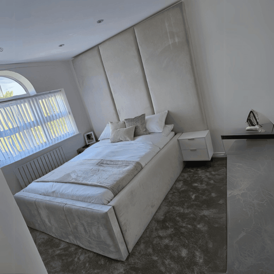 Bespoke Wall Panel Bed Frame with Luxurious Floor-to-Ceiling Headboard – Upholstered Elegance~ UkBedsDirect