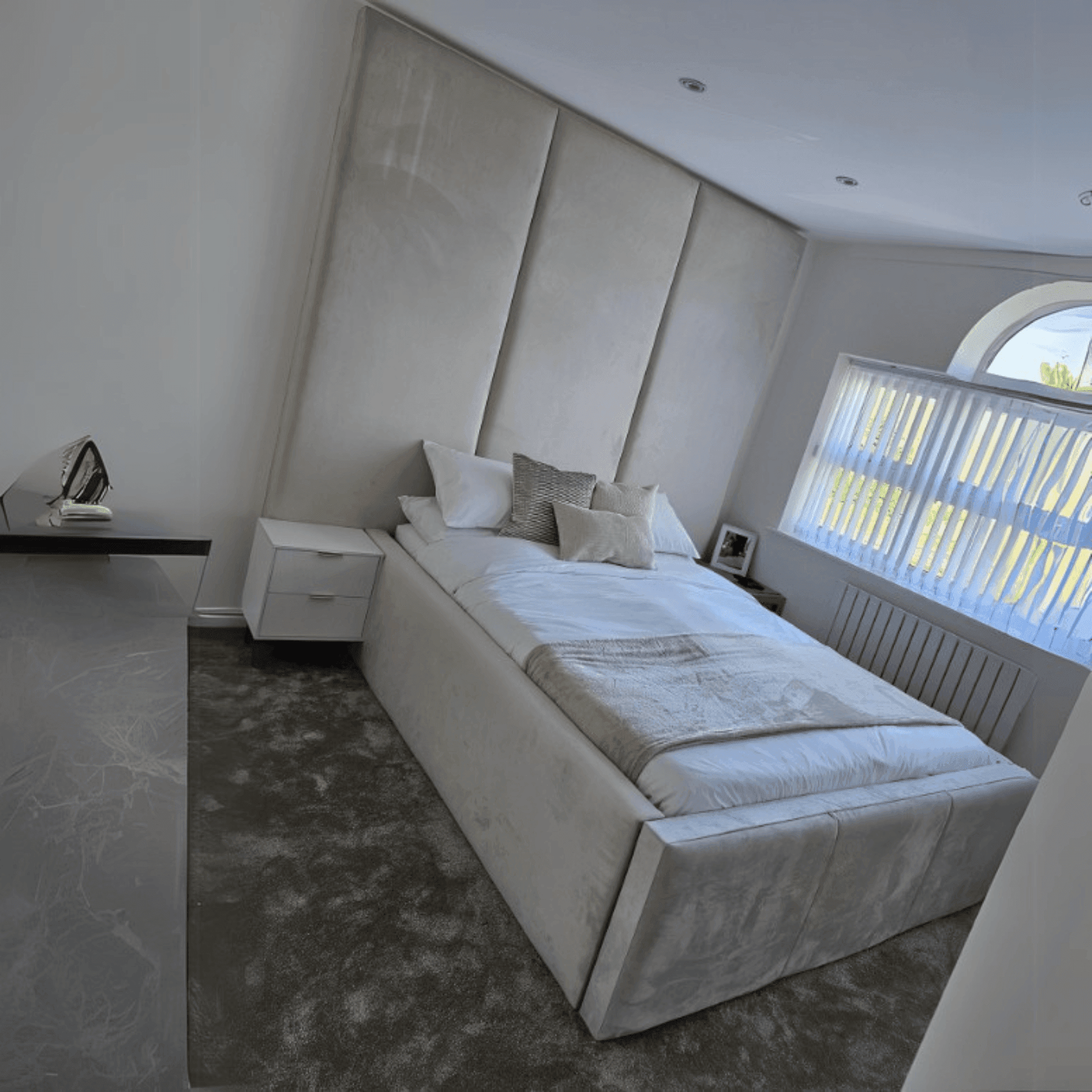 Bespoke Wall Panel Bed Frame with Luxurious Floor-to-Ceiling Headboard – Upholstered Elegance~ UkBedsDirect