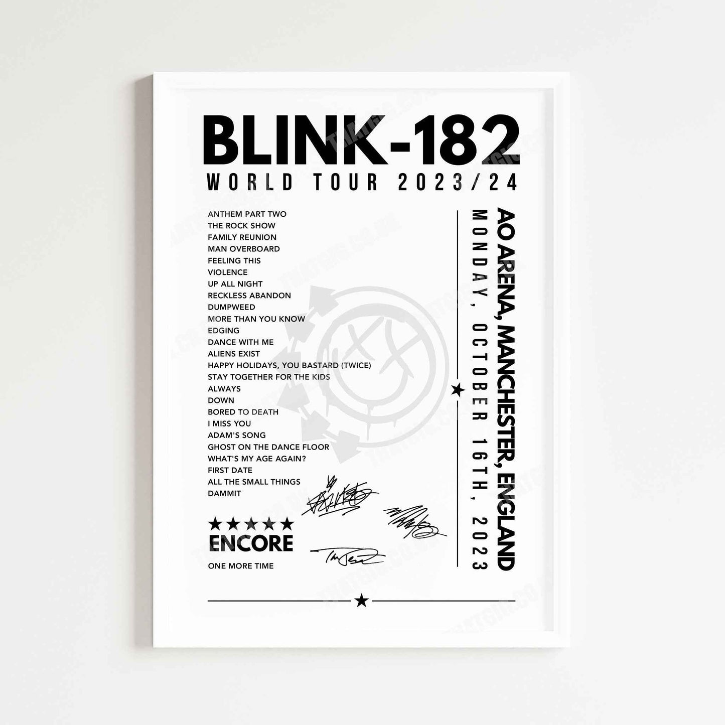 Blink-182 Setlist Poster - AO Arena, Manchester, England - Oct 16th 2023