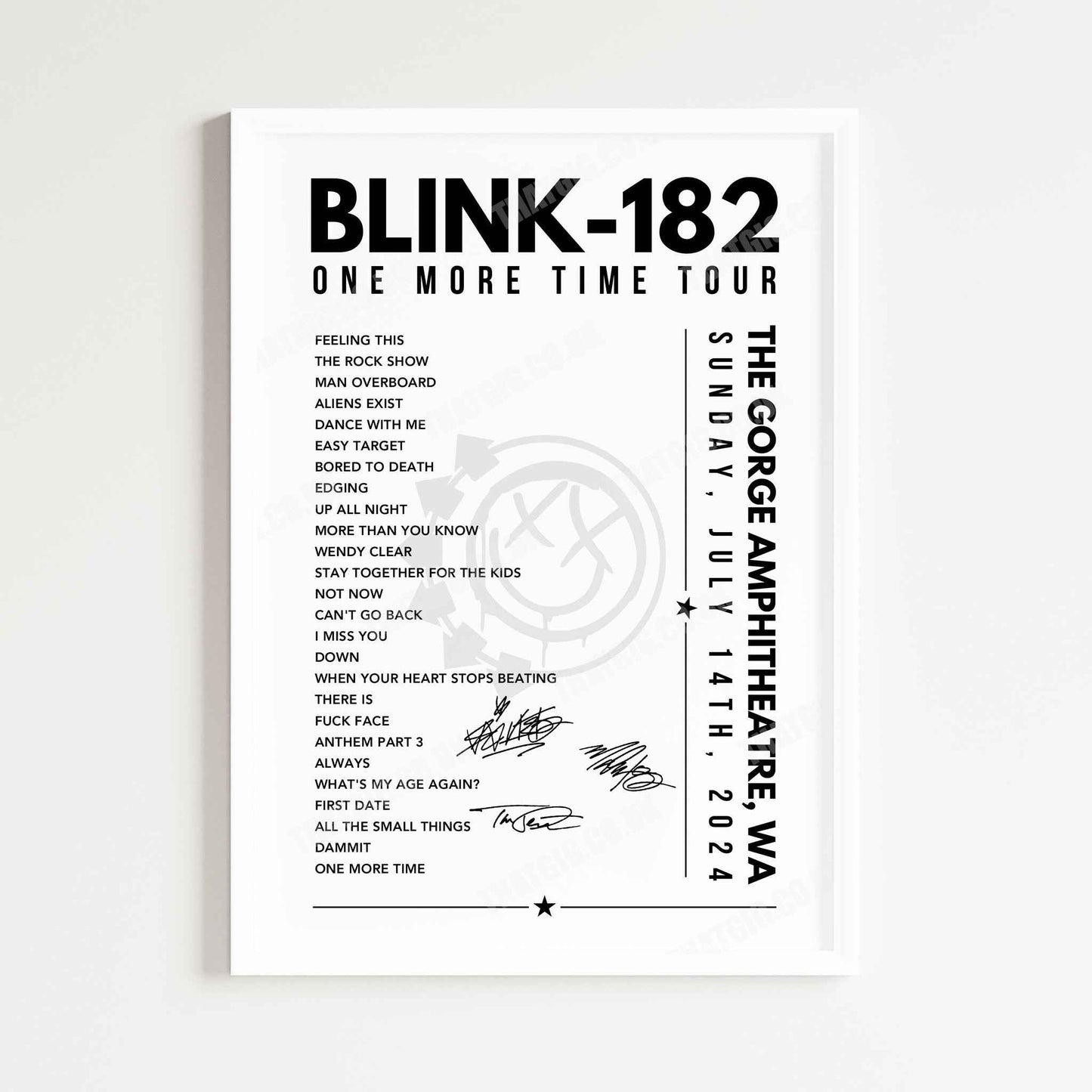Blink-182 Setlist Poster - The Gorge Amphitheatre, George, USA - July 14th, 2024