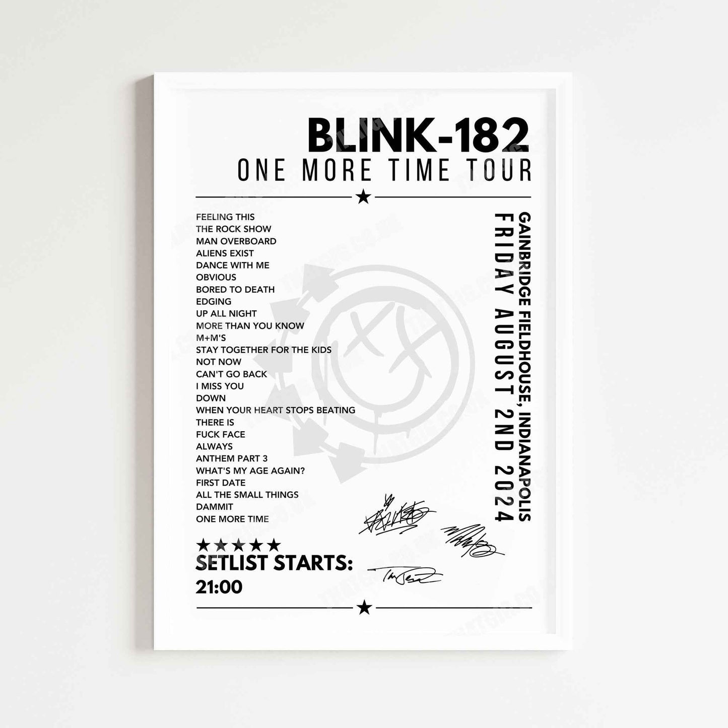 Blink-182 Setlist Poster - Gainbridge Fieldhouse, Indianapolis - August 2nd 2024