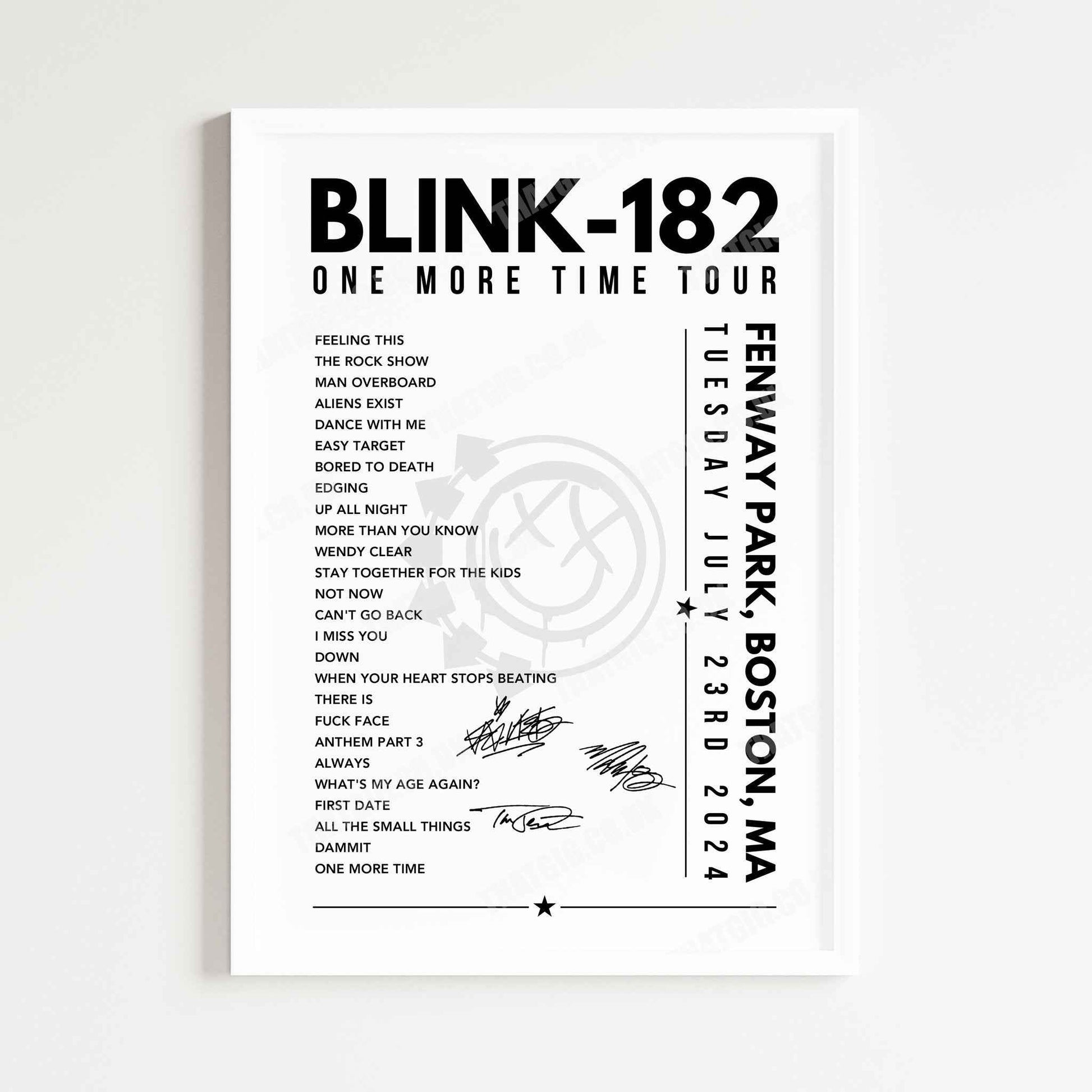 Blink-182 Setlist Poster - Fenway Park, Boston, USA - July 23rd, 2024