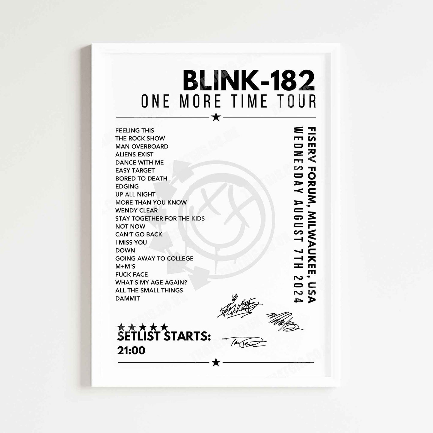 Blink-182 Setlist Poster - Fiserv Forum, Milwaukee - August 7th 2024