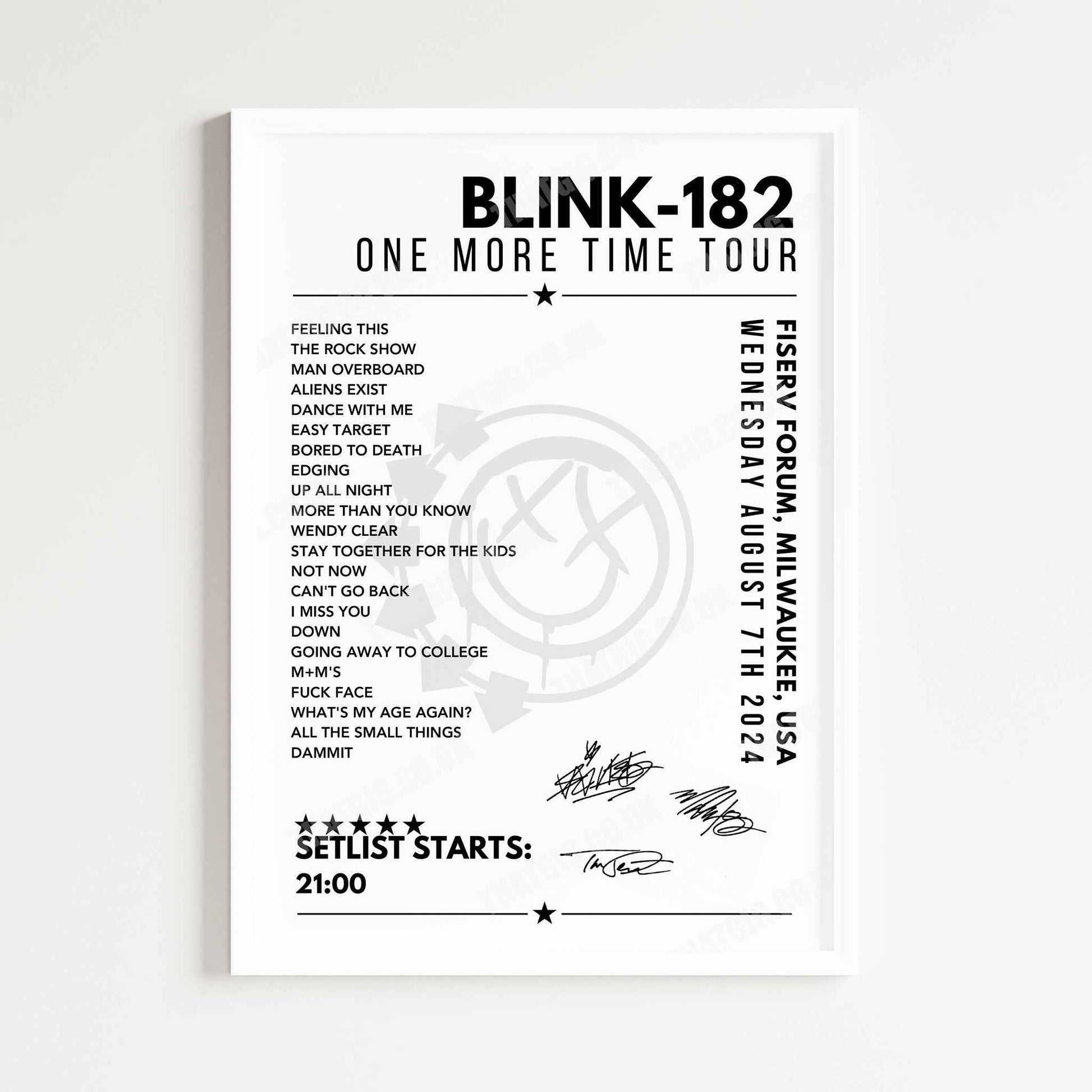 Blink-182 Setlist Poster - Fiserv Forum, Milwaukee - August 7th 2024