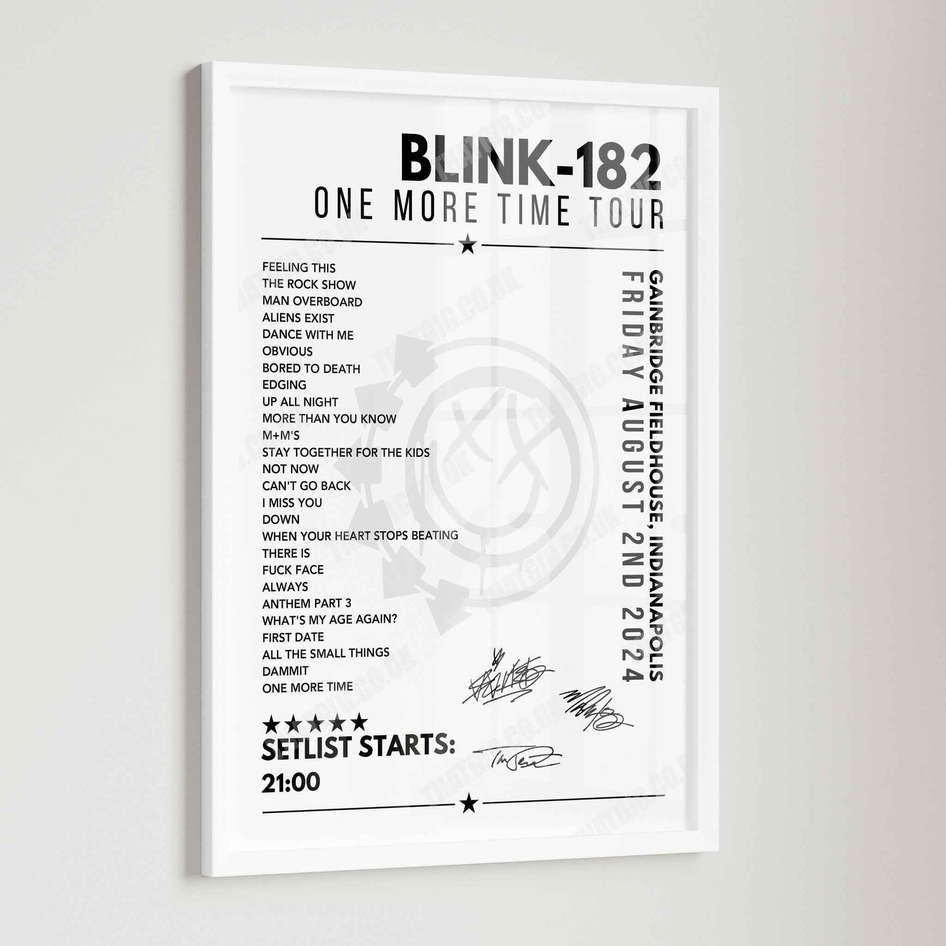 Blink-182 Setlist Poster - Gainbridge Fieldhouse, Indianapolis - August 2nd 2024