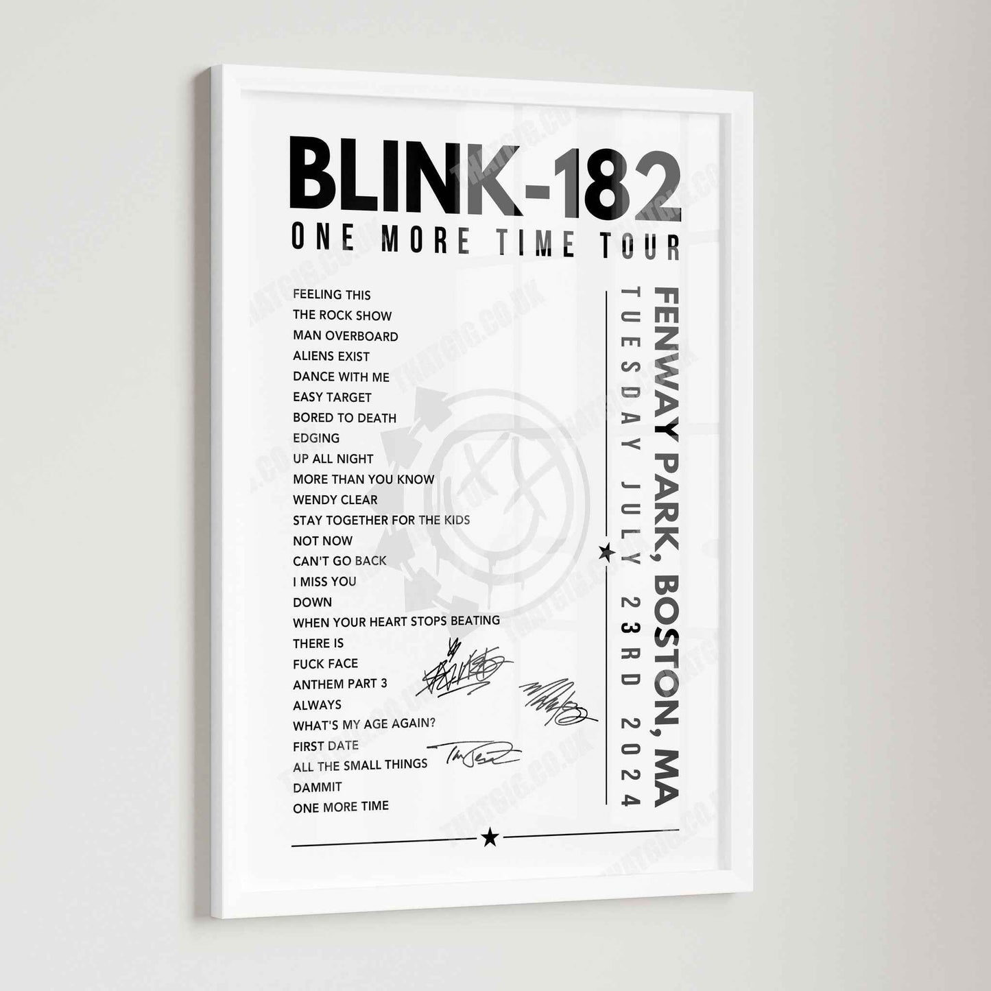 Blink-182 Setlist Poster - Fenway Park, Boston, USA - July 23rd, 2024