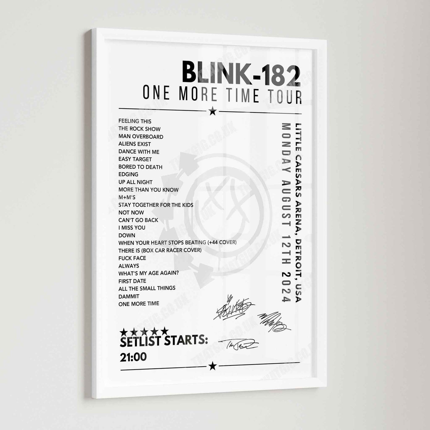 Blink-182 Setlist Poster - Little Caesars Arena, Detroit - August 12th 2024