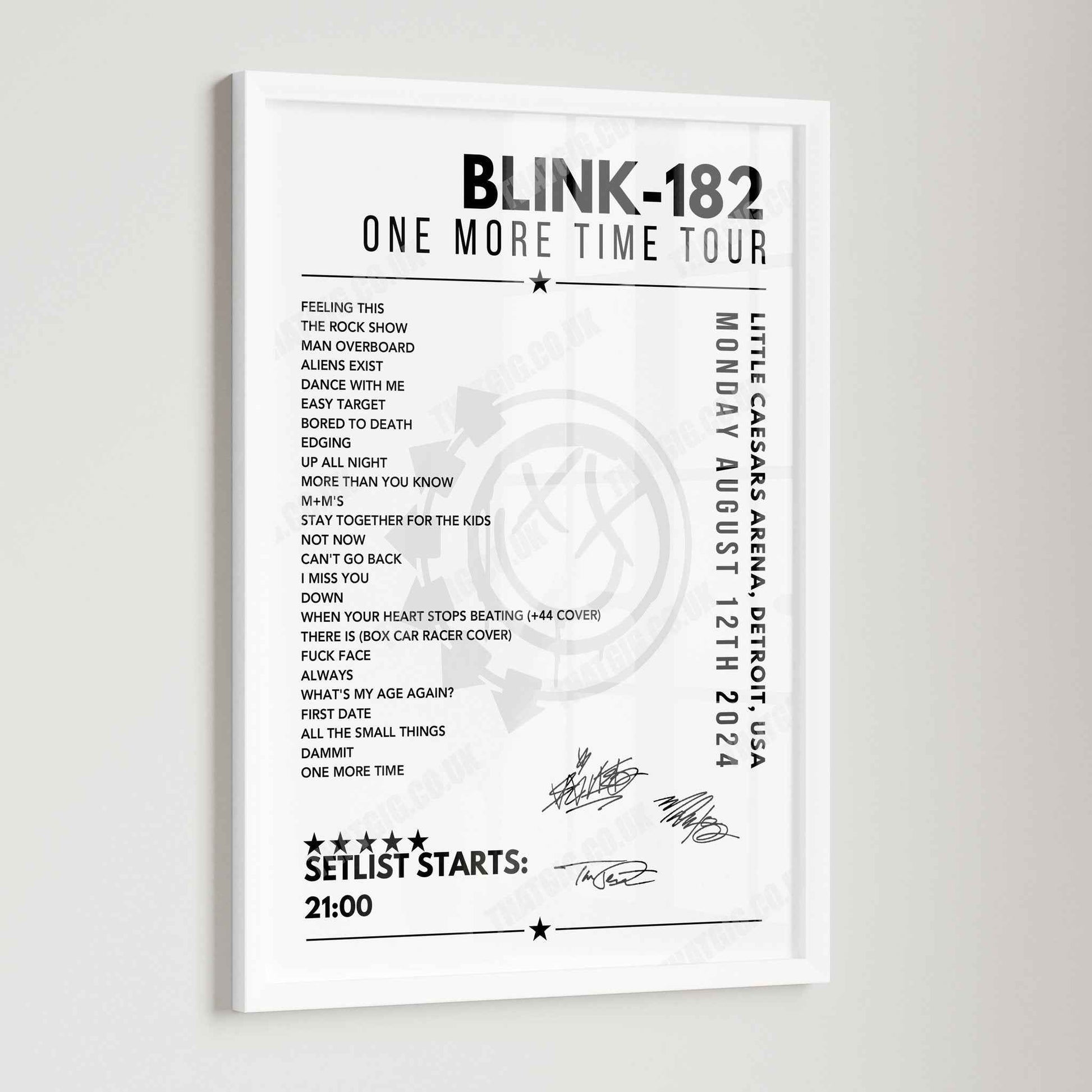 Blink-182 Setlist Poster - Little Caesars Arena, Detroit - August 12th 2024