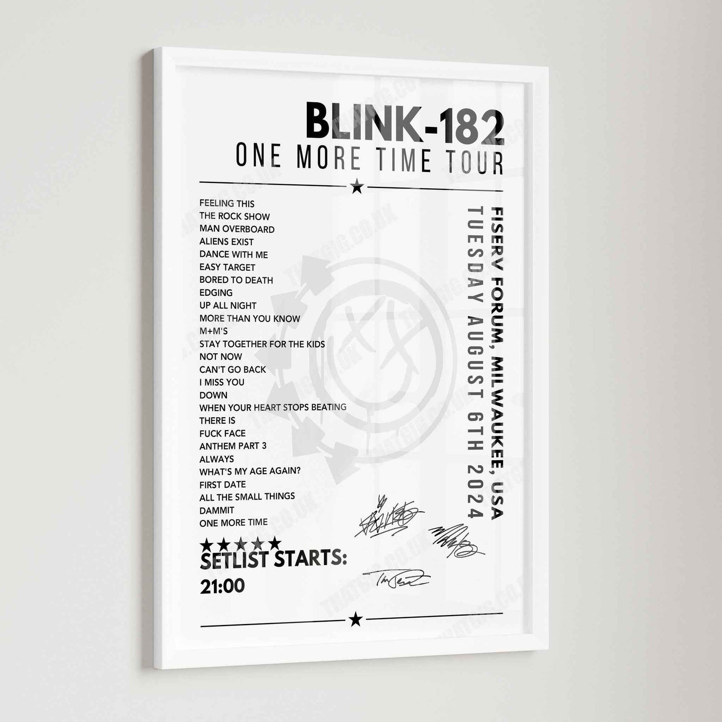 Blink-182 Setlist Poster - Fiserv Forum, Milwaukee - August 6th 2024