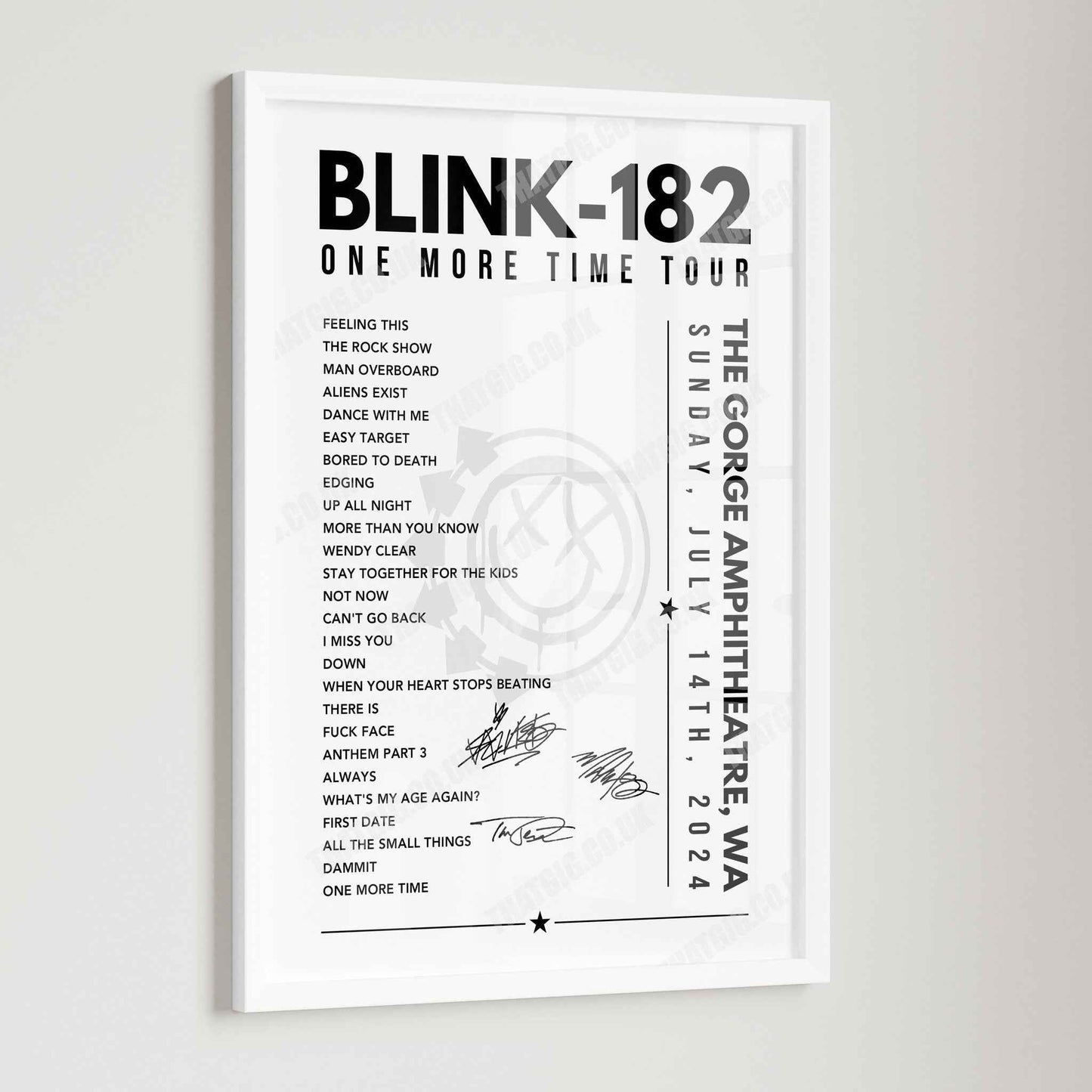 Blink-182 Setlist Poster - The Gorge Amphitheatre, George, USA - July 14th, 2024