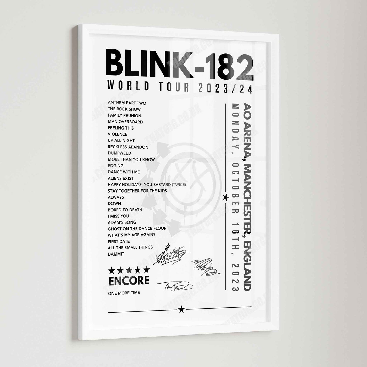 Blink-182 Setlist Poster - AO Arena, Manchester, England - Oct 16th 2023