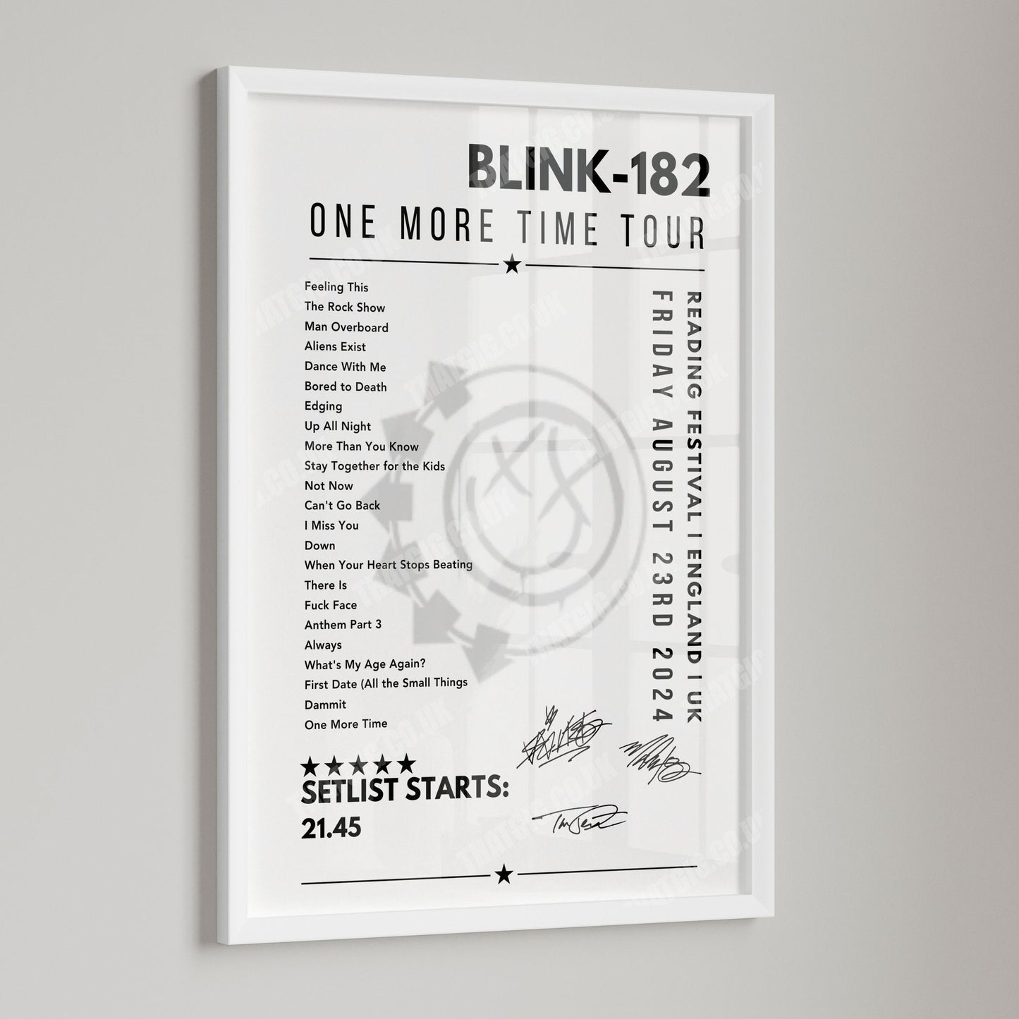Blink-182 Setlist Poster - Reading Festival, England - 23rd August 2024