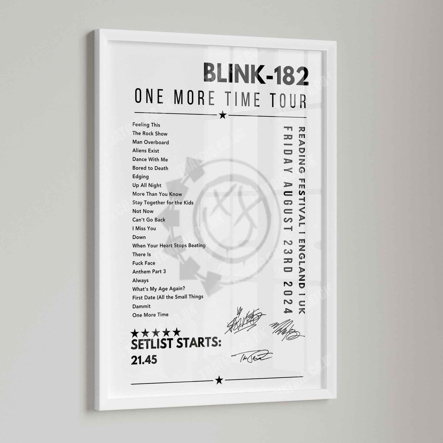 Blink-182 Setlist Poster - Reading Festival, England - 23rd August 2024