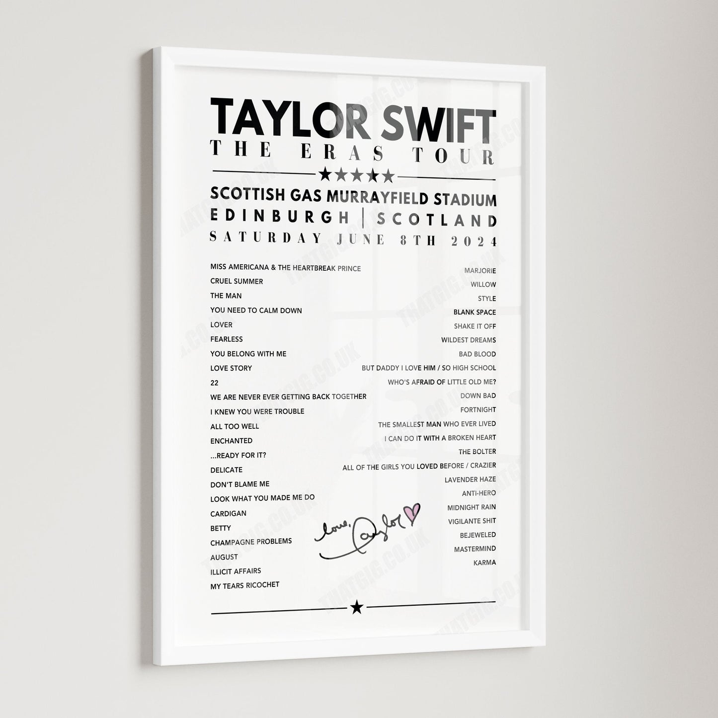 Taylor Swift Setlist Poster - Scottish Gas Murrayfield Stadium, Edinburgh - June 8th, 2024