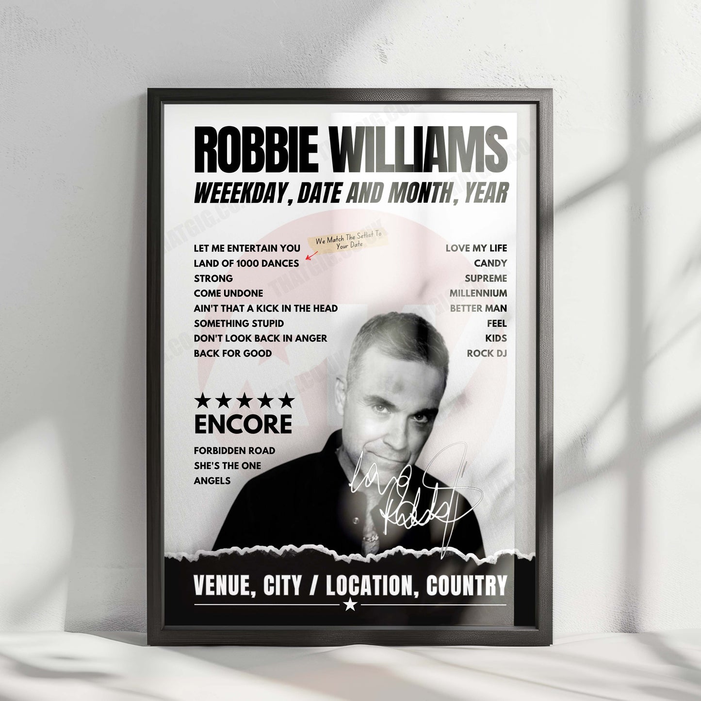 Robbie Williams Setlist Poster - The Granaries, Floriana, Malta - August 24th, 2023
