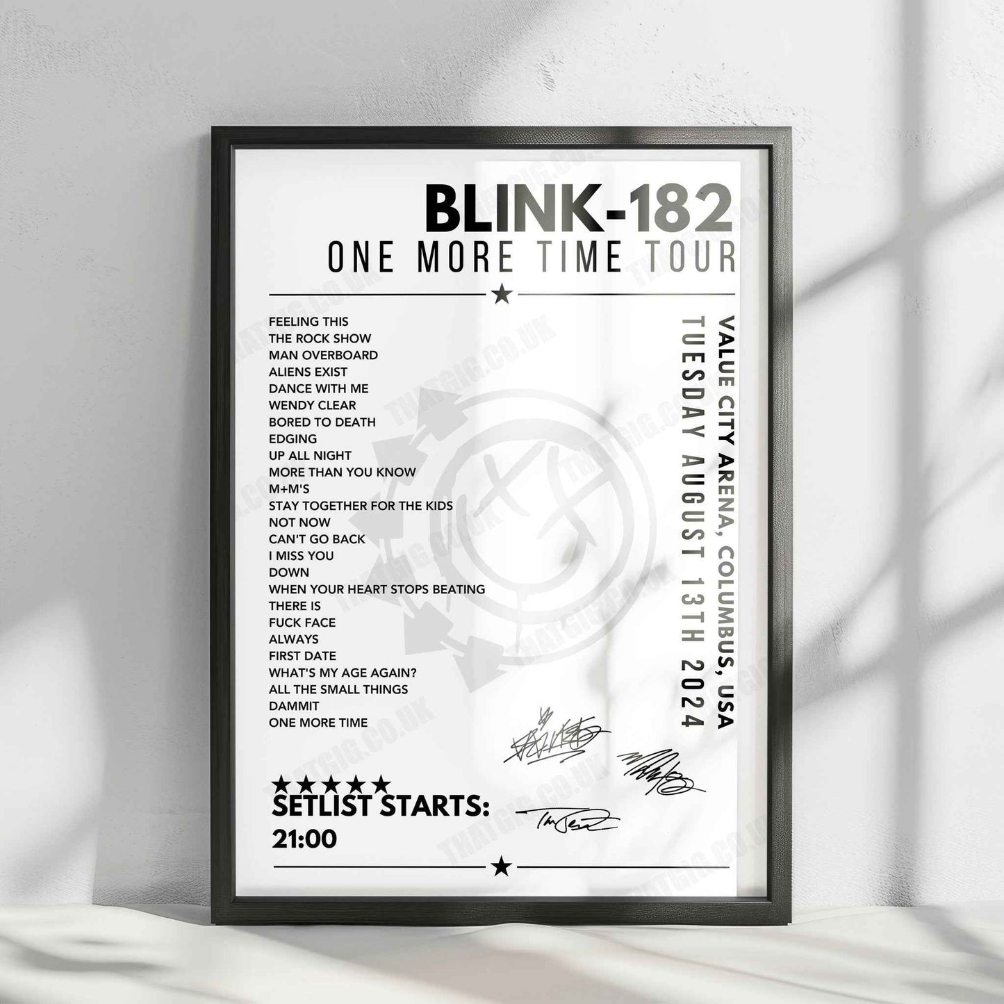Blink-182 Setlist Poster - Value City Arena, Columbus - August 13th 2024