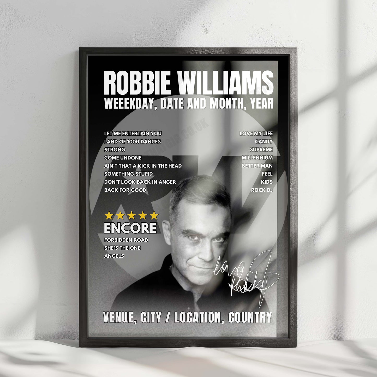 Robbie Williams Setlist Poster - Darius and Girėnas Stadium, Kaunas - August 1st, 2025
