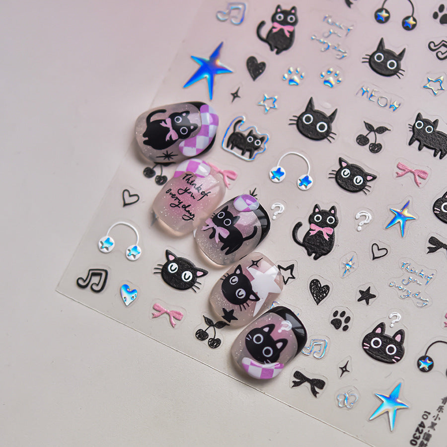 Hello Claws | Black Silver Kitty Nail Deco Sticker
