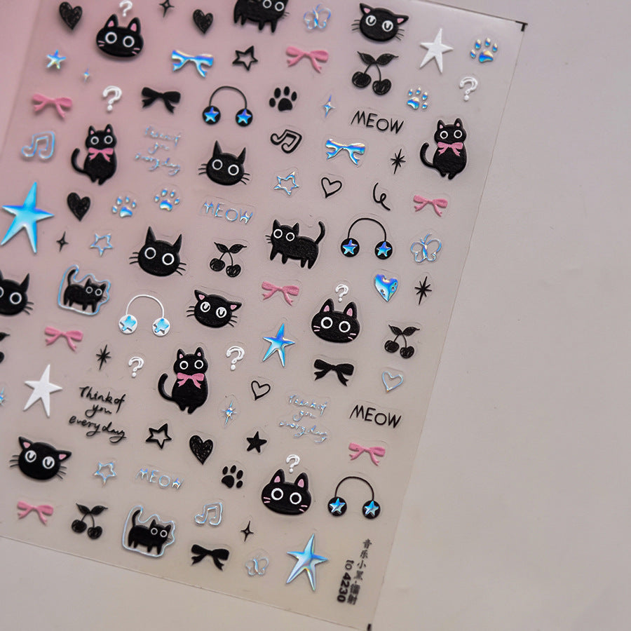 Hello Claws | Black Silver Kitty Nail Deco Sticker