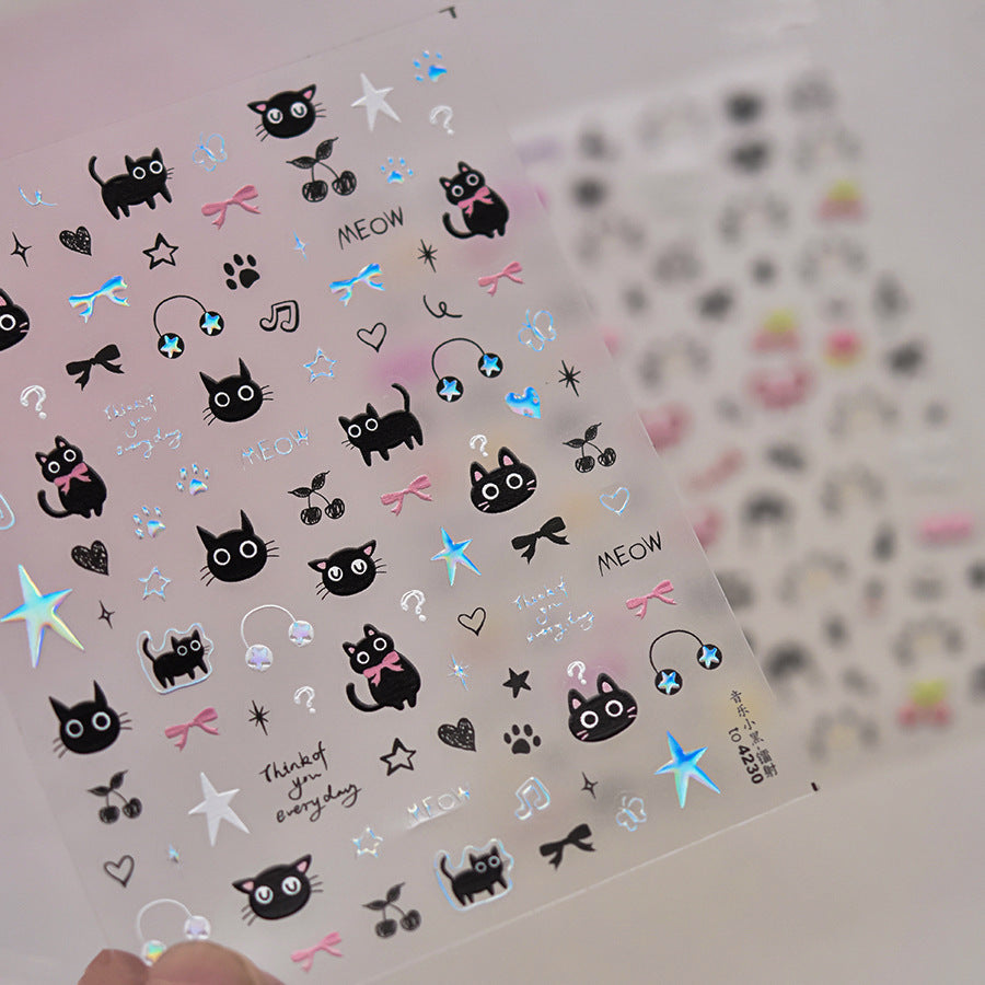 Hello Claws | Black Silver Kitty Nail Deco Sticker