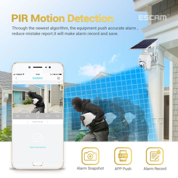 ESCAM QF280 HD 1080P IP66 Waterproof WiFi Solar Panel PT IP Camera with Battery, Support Night Vision / Motion Detection / TF Card / Two Way Audio (White)