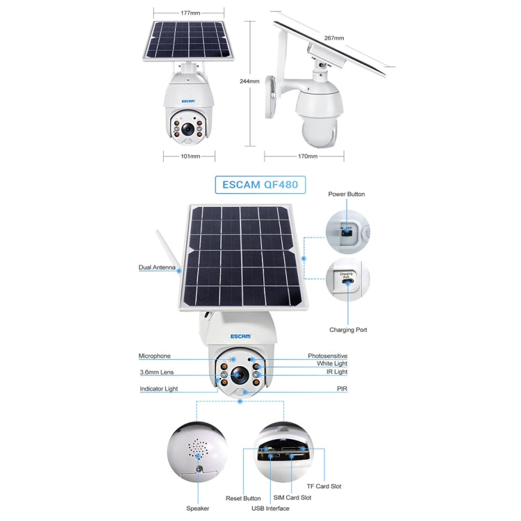 ESCAM QF480 US Version HD 1080P IP66 Waterproof 4G Solar Panel PT IP Camera without Battery, Support Night Vision / Motion Detection / TF Card / Two Way Audio (White)