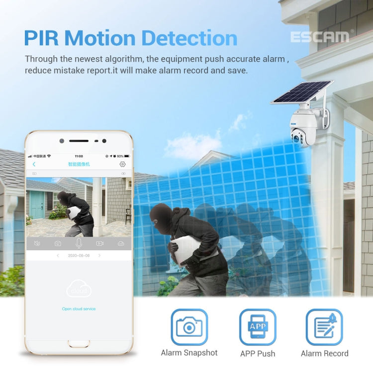 ESCAM QF480 US Version HD 1080P IP66 Waterproof 4G Solar Panel PT IP Camera without Battery, Support Night Vision / Motion Detection / TF Card / Two Way Audio (White)